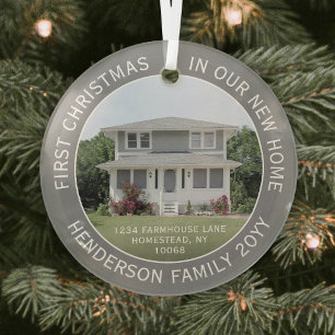 1 Photo New Home Address First Christmas Grey Glass Tree Decoration