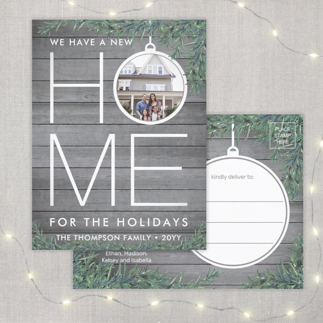 1 Photo New Home Address Modern Wood & Pine Moving Holiday Postcard (Creator Uploaded)