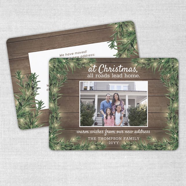  1 Photo New Home Rustic Wood Pine & String Lights Holiday Card (Creator Uploaded)
