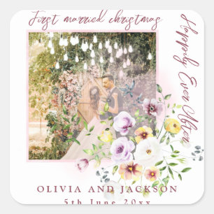 1 Photo Newlyweds 1st Married Christmas Pink Text Square Sticker