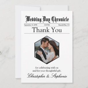 1 Photo Newspaper Wedding Elegant Script Custom Thank You Card