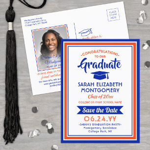 1 Photo Orange and Blue Graduation Save the Date Announcement Postcard