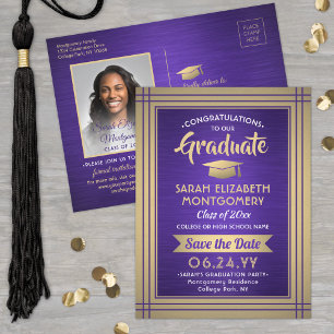 1 Photo Purple Gold White Graduation Save the Date Announcement Postcard