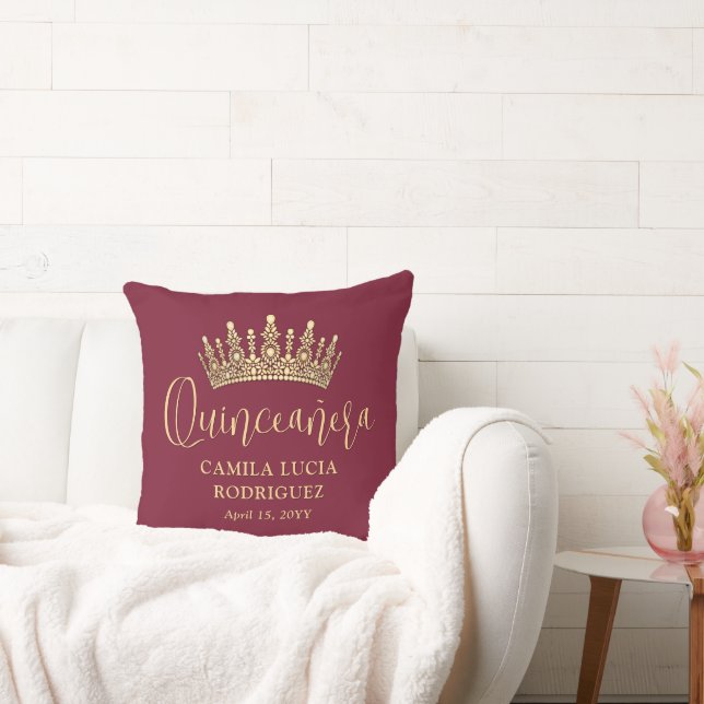 1 Photo Quinceañera Crown Burgundy & Gold Keepsake Cushion (Couch)