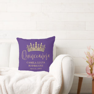 1 Photo Quinceañera Crown Purple and Gold Keepsake Cushion