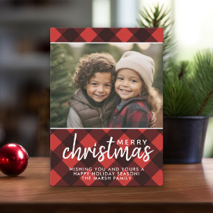 1 Photo Red Black Buffalo Plaid Merry Christmas Holiday Card