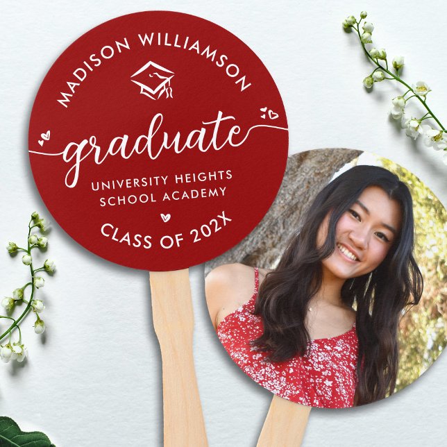 1 Photo Red Graduation Modern Script Hearts Cap Hand Fan (Creator Uploaded)