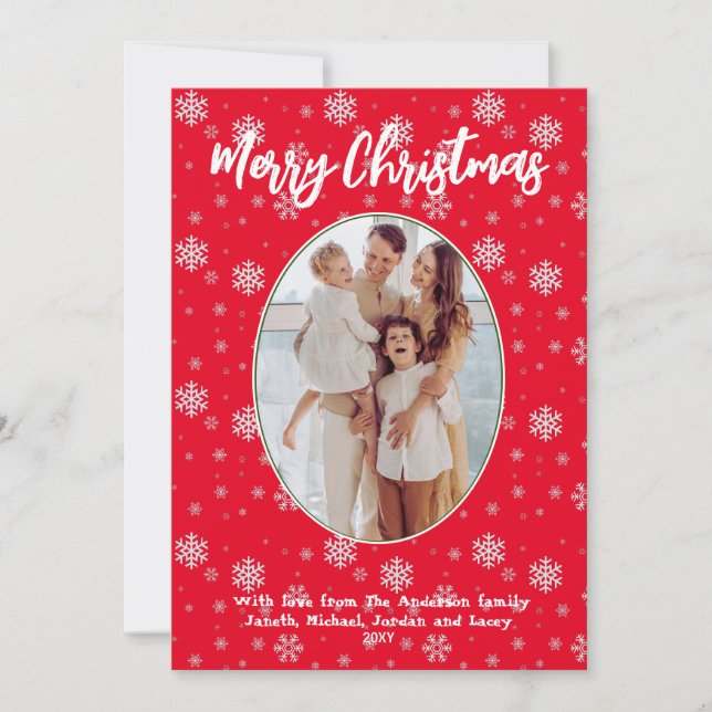 1 Photo Red Snowflakes Cute Modern Merry Christmas Holiday Card (Front)
