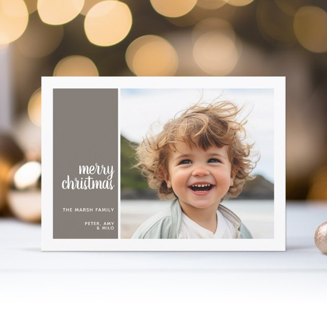 1 Photo - Simple Minimal Christmas taupe christmas Holiday Card (1 Photo Modern Christmas Card - mod Calligraphy - grey background - download option available)