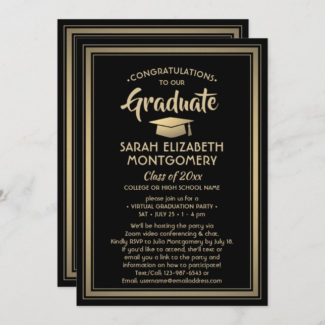 1 Photo Virtual Graduation Party Black and Gold Invitation (Front/Back)