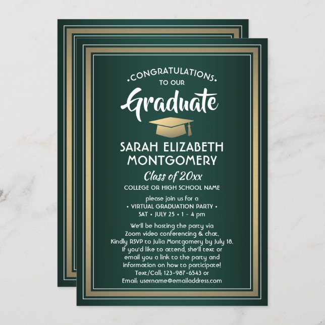 1 Photo Virtual Graduation Party Green Gold White Invitation (Front/Back)