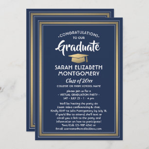 1 Photo Virtual Graduation Party Navy Blue & Gold Invitation