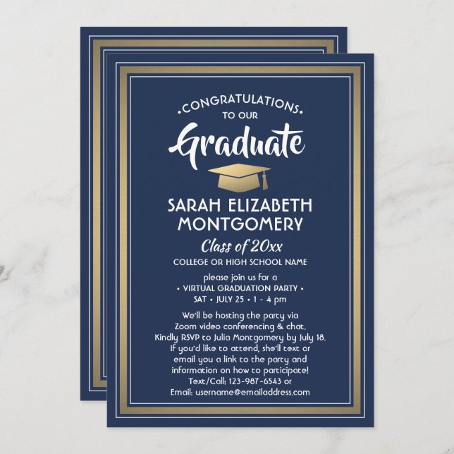 1 Photo Virtual Graduation Party Navy Blue & Gold Invitation (Front/Back)