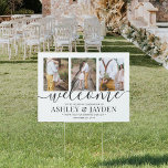 1 Sided Wedding Welcome 3 Photo Black Script Yard Garden Sign<br><div class="desc">Welcome wedding guests to your ceremony or reception with an elegant custom photo collage outdoor lawn sign. Pictures and all wording on this template are simple to personalise. (IMAGE PLACEMENT TIP: An easy way to centre a photo exactly how you want is to crop it before uploading to the Zazzle...</div>