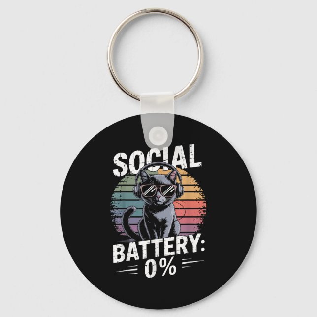 1% Social Battery Sarcastic Funny Introverted Cat  Key Ring (Front)