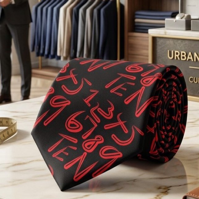 1 Thru Ten Typography In Red On Black Pattern Tie (Creator Uploaded)