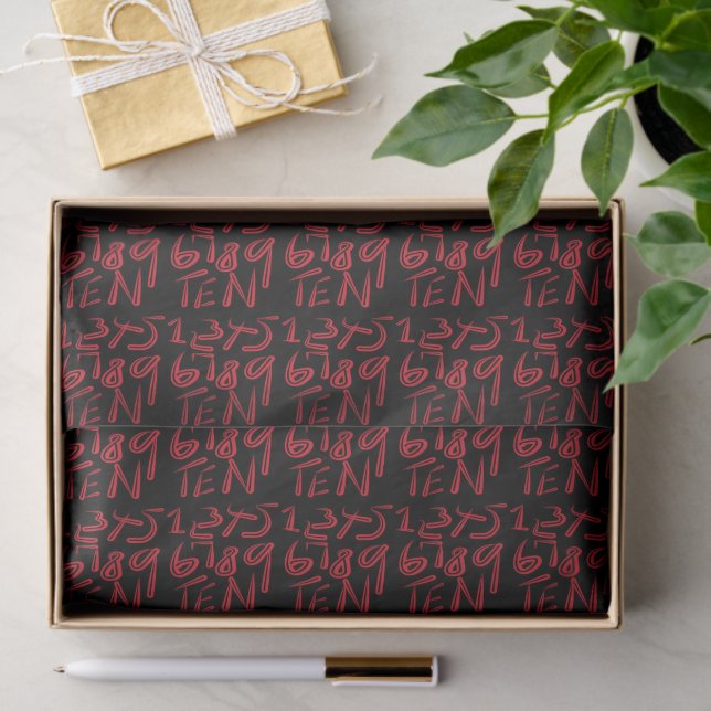 1 Thru Ten Typography In Red On Black Pattern Tissue Paper (Gift)