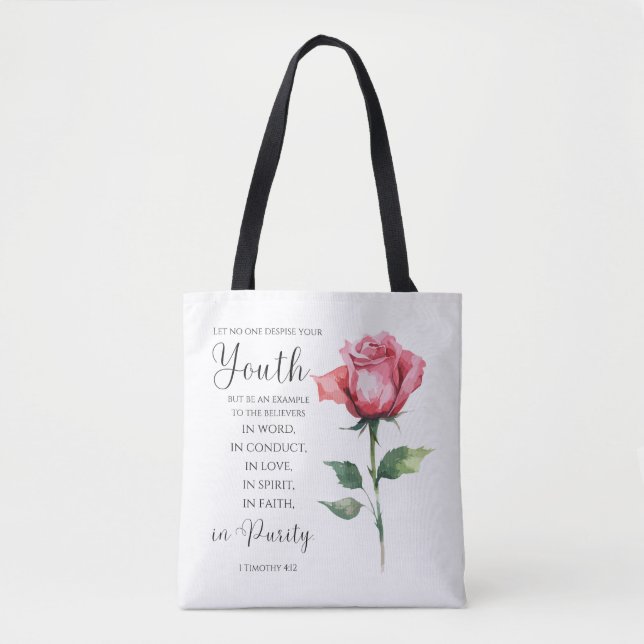 1 Timothy 4:12 - Youth Bible Verse Flower Tote Bag (Front)
