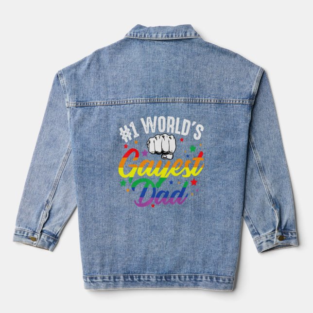 1 World's Gayest Dad  Father's Day Lgbt Pride Rain Denim Jacket (Back)
