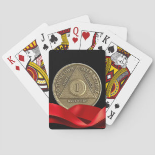 1 Year AA Anniversary Coin Red Ribbon Playing Cards