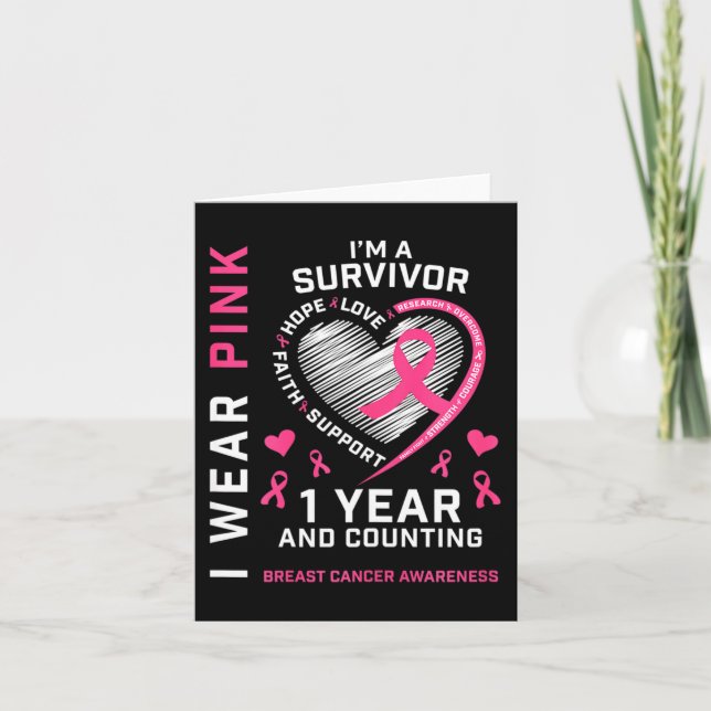 1 Year Cancer Free Mum Pink Awareness Breast Cance Card (Front)