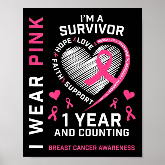 1 Year Cancer Free Mum Pink Awareness Breast Cance Poster (Front)