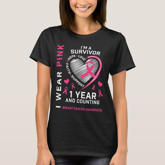 1 Year Cancer Free Mum Pink Awareness Breast Cance T-Shirt (Front)