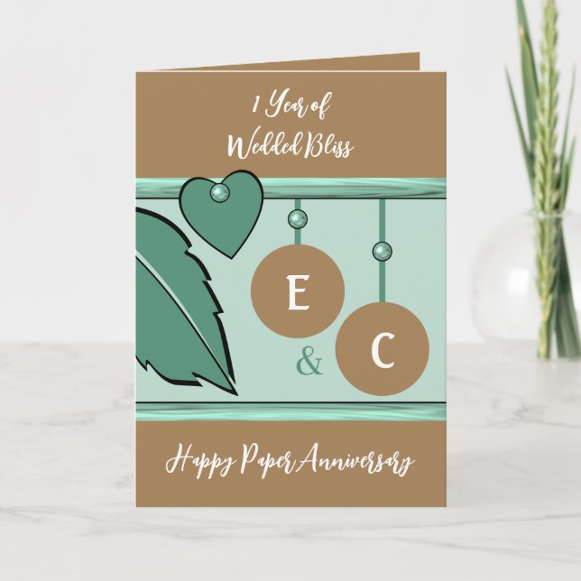 1 year paper anniversary initials green brown card (Front)