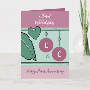 1 year paper anniversary initials green lavender card