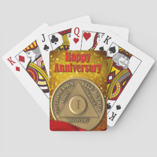 1 Year Sober Coin Glitter Happy Anniversary Playing Cards
