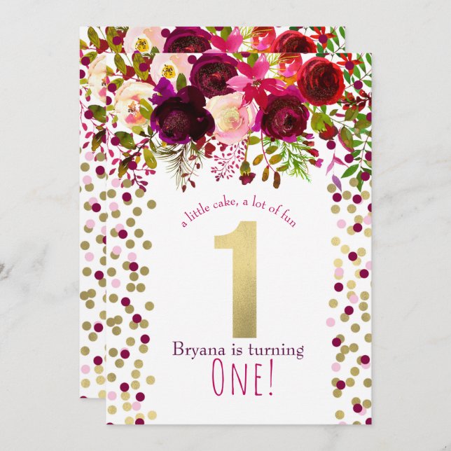 1st 1 Birthday Party Gold Burgundy Bold Floral Invitation (Front/Back)