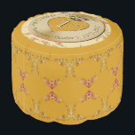 1st/50th Wedding Anniversary Golden Ochre Pouf<br><div class="desc">Alas, a gorgeous pouf for HER to honour your 1st or 50th wedding anniversary with a heart emblem and medallion text, how special is that?! Golden Ochre with ornate heart graphics, for a touch of the romantic. If you wish for any customisation or illustration made just for you, just message...</div>