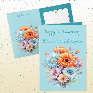 1st Anniversary gerbera flowers blue Card