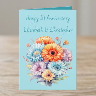1st Anniversary gerbera flowers blue Card