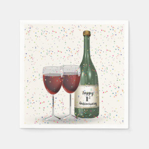 1st Anniversary Party Wine Bottle and Two Glasses Napkin