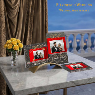 1st Anniversary Photo Thank You   Chic Red & Gold Card
