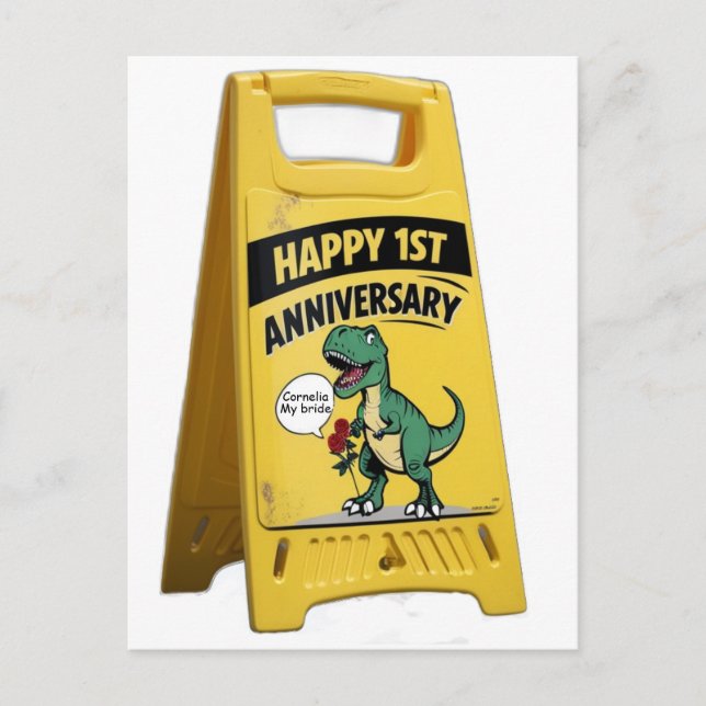 1st anniversary trex red roses yellow plastic sign postcard (Front)