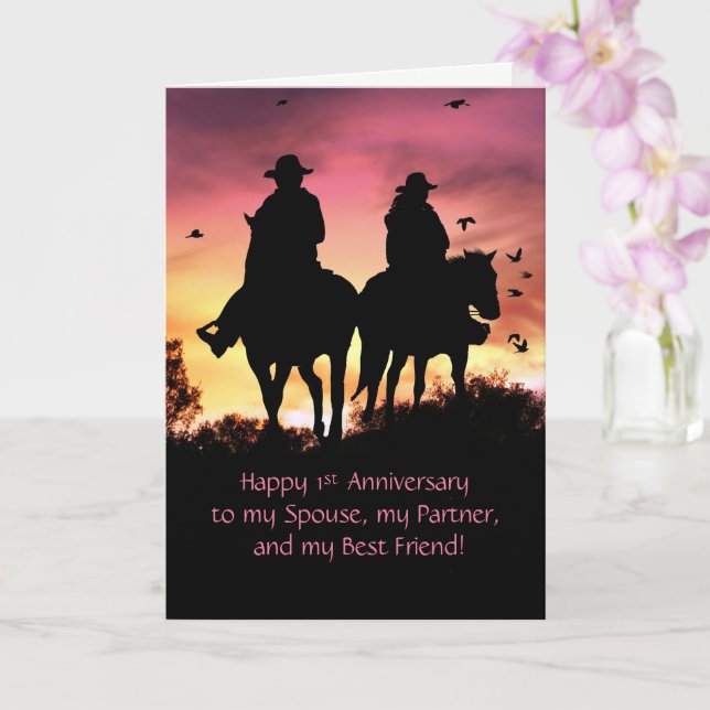 1st Anniversary with Cowboy and Cowgirl Great Ride Card (Orchid)