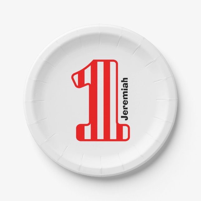 1st BABY Birthday Red Striped Big Number A21 Paper Plate (Front)