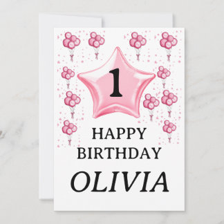 1st baby girl happy birthday cute pink balloons invitation