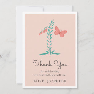 1st Baby Girl Pink Butterfly Floral Thank You Card