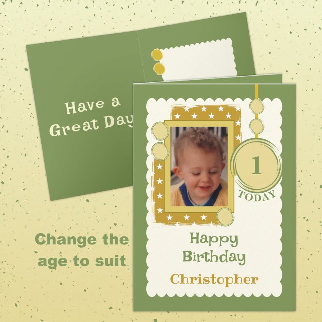1st Birthday 1 today add photo name gold green Card (Creator Uploaded)