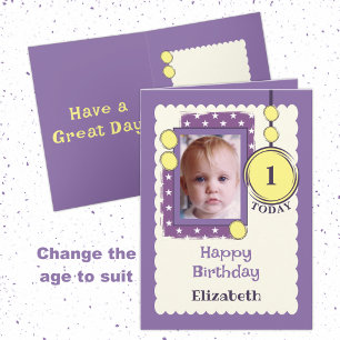 1st Birthday 1 today add photo name purple yellow Card
