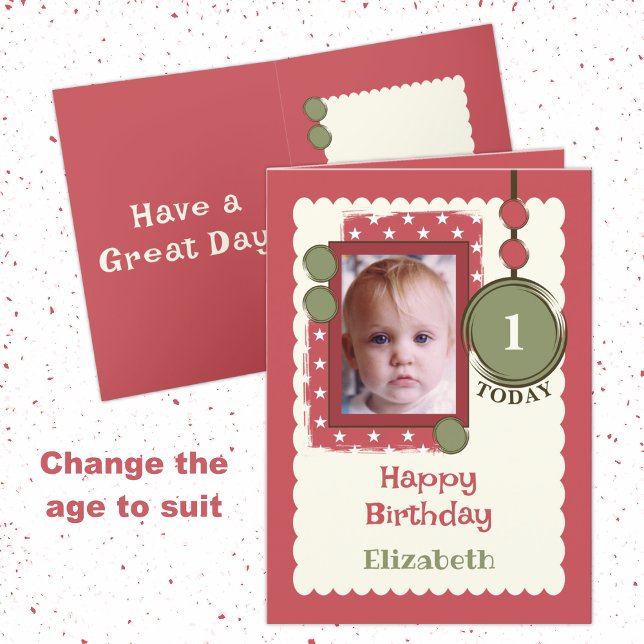 1st Birthday 1 today add photo name red green Card (Creator Uploaded)