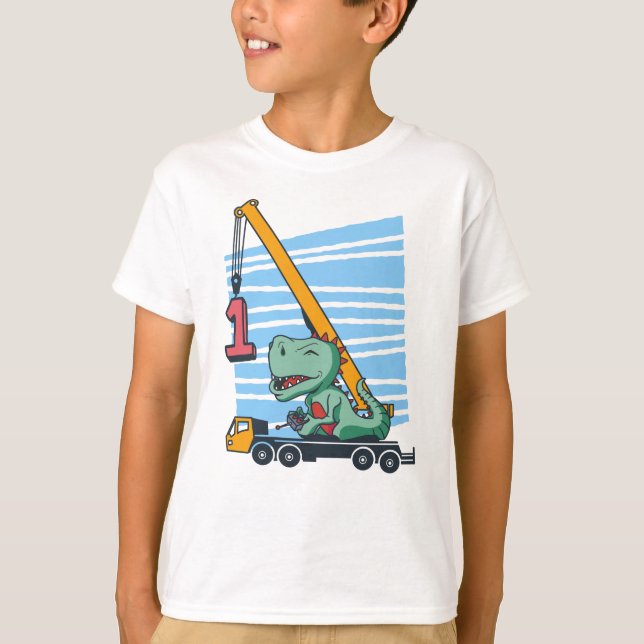 1st Birthday 1 year Mobile Crane Dinosaur T-Shirt (Front)