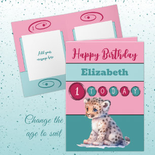 1st birthday add name girl cute animal pink card