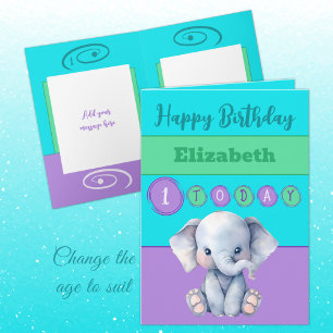 1st birthday add name girl cute elephant purple card