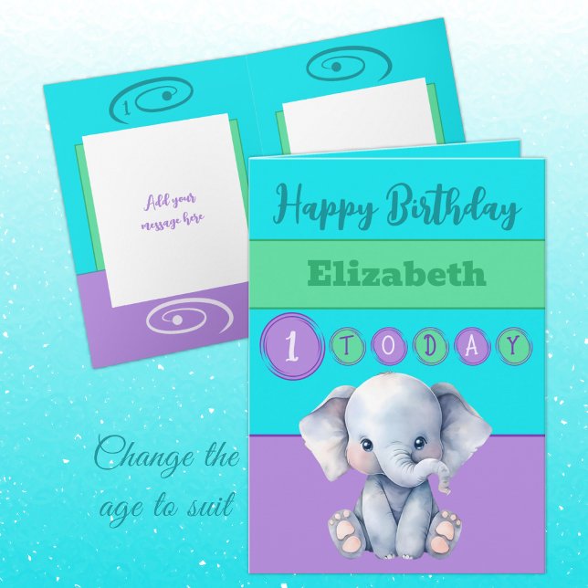 1st birthday add name girl cute elephant purple card (Creator Uploaded)