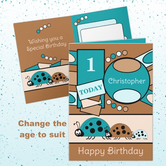 1st birthday add name ladybugs turquoise brown card (Creator Uploaded)