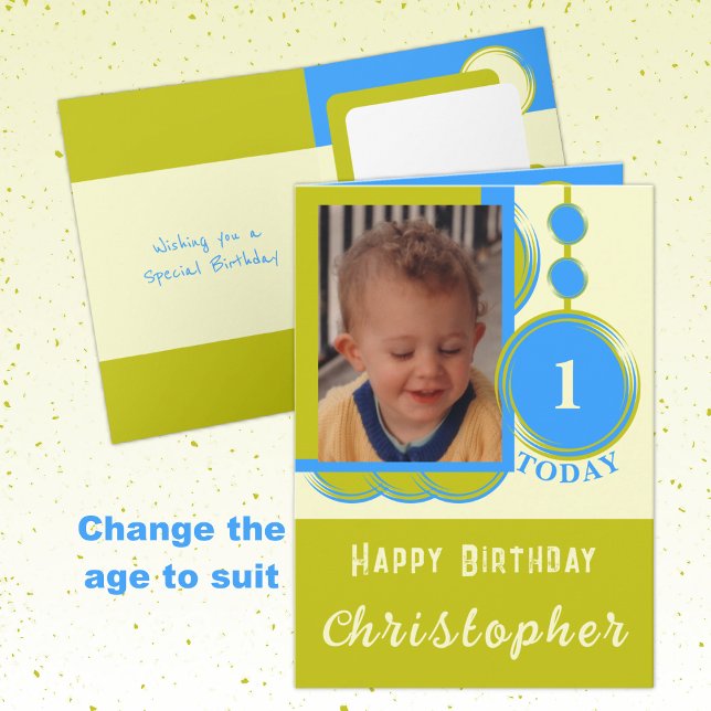 1st Birthday add name photo blue green Card (Creator Uploaded)